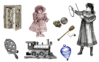 Collection of Victorian toys includes doll, doll clothes, spinning top, hoop, train engine, marbles, cup and ball and paddle ball